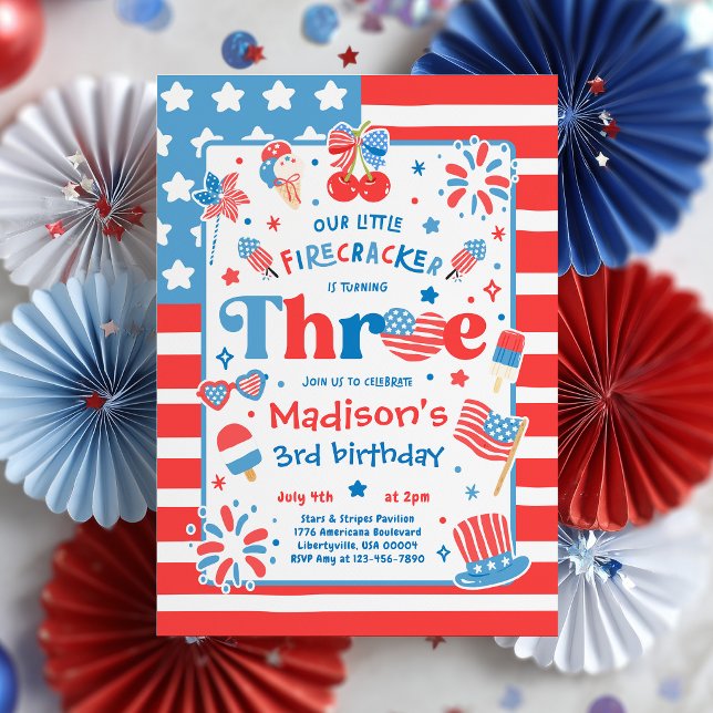 4th Of July Little Firecracker 3rd Birthday Party Invitation (Creator Uploaded)