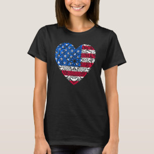 4th Of July Mandala American Heart Flag Art T-Shirt