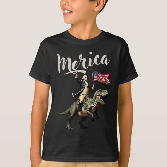 4th Of July Merica George Washington Riding A Dino T-Shirt (Front)