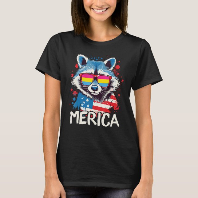 4th Of July Merica  Raccoon Pansexual Sunglasses F T-Shirt (Front)