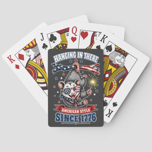 ​4th of July Opossum Hanging In There Playing Card (Back)