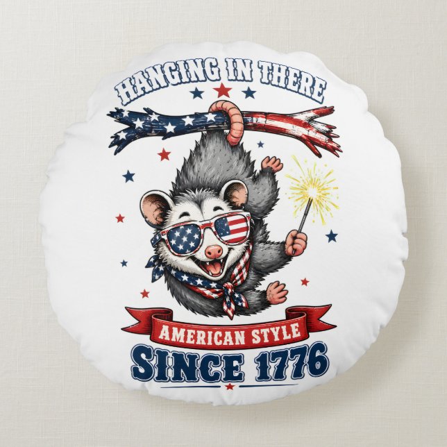 ​4th of July Opossum Hanging Round Pillow (Front)