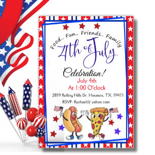 4th of July Party Invite Patriotic Hot Dog & Pizza