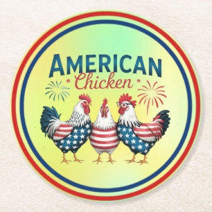 4th of July Patriotic American Chicken Design Round Paper Coaster