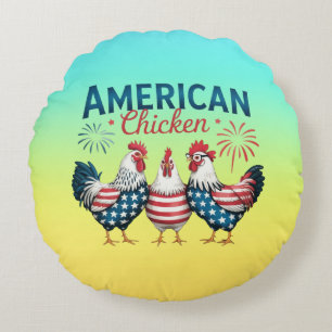 4th of July Patriotic American Chicken Design Round Pillow