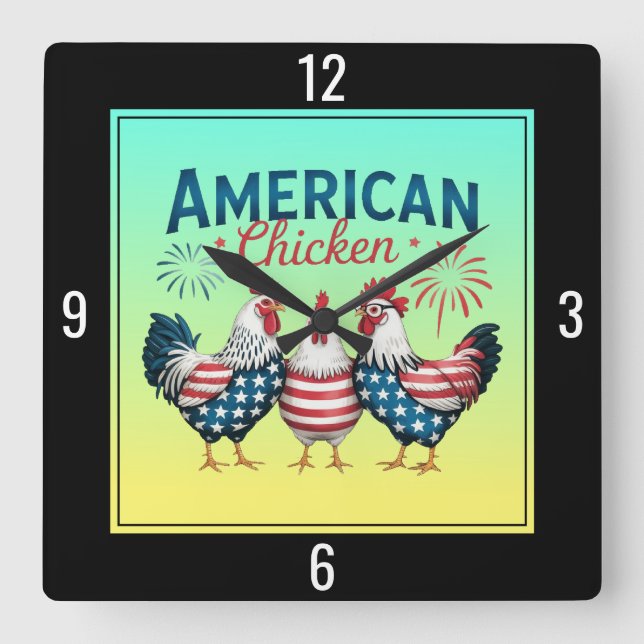 4th of July Patriotic American Chicken Design Square Wall Clock (Front)