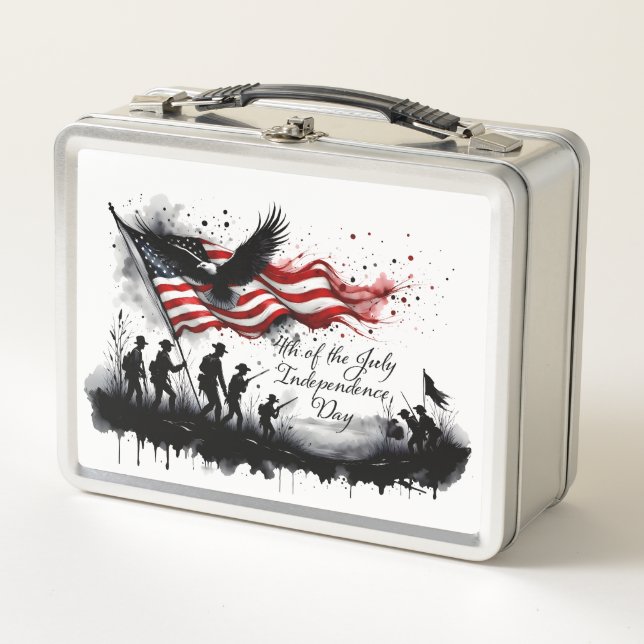 4th of July Patriotic Art with Flag & Soldiers Metal Lunch Box (Front)