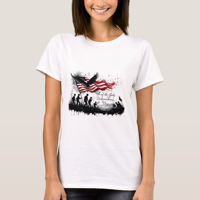 4th of July Patriotic Art with Flag & Soldiers T-Shirt (Front)