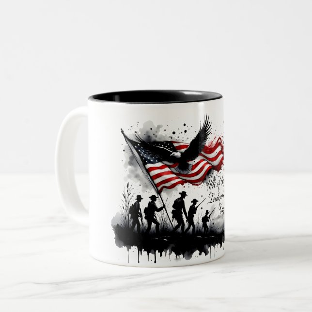 4th of July Patriotic Art with Flag & Soldiers Two-Tone Coffee Mug (Front Left)