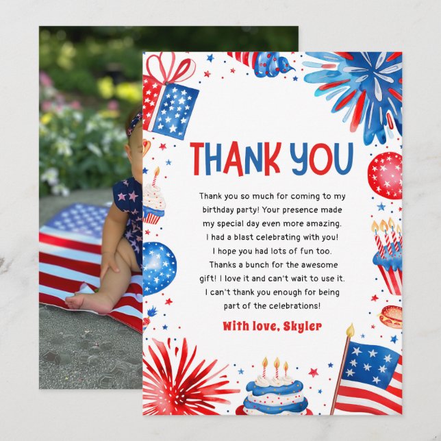 4th Of July Patriotic Birthday Thank You Card (Front/Back)