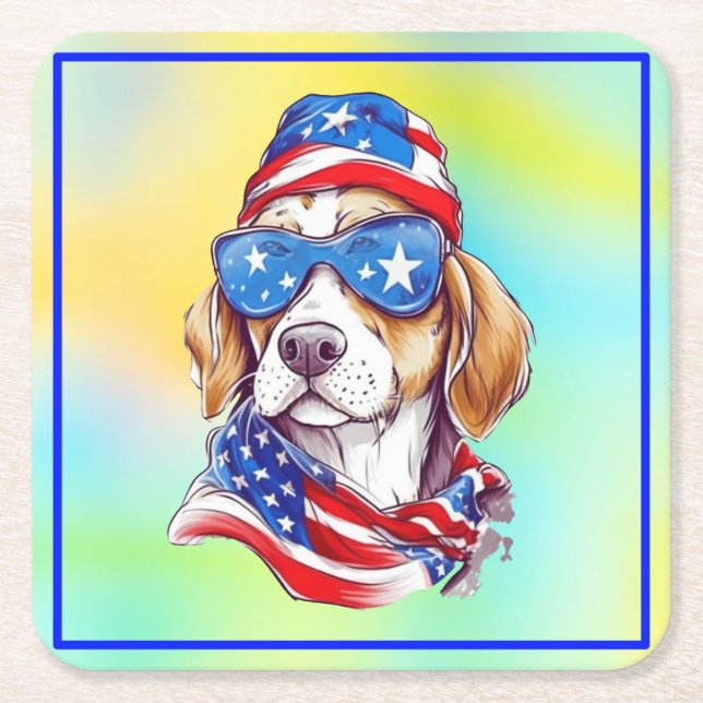 4th Of July Patriotic Dog Design  Square Paper Coaster (Front)