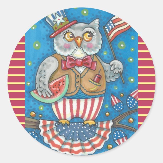 4TH OF JULY PATRIOTIC HOOT OWL STICKERS Rnd *Sheet (Front)