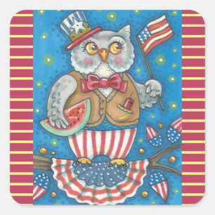 4TH OF JULY PATRIOTIC HOOT OWL STICKERS Squ *Sheet