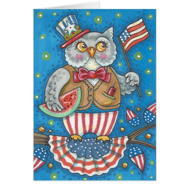 4TH OF JULY PATRIOTIC OWL NOTE CARD Blank (Front)