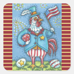 4TH OF JULY PATRIOTIC ROOSTER STICKERS Squ * Sheet