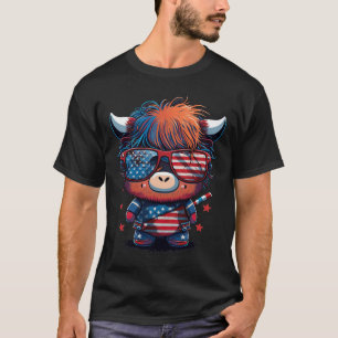 4th Of July Patriotic Scottish Cow Us Flag  T-Shirt