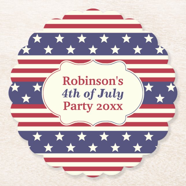 4th of July Patriotic Stars and Stripes Party Name Paper Coaster (Front)