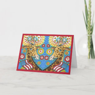 4TH OF JULY PATRIOTIC TWIN GIRAFFES, FIREWORKS Fun Holiday Card