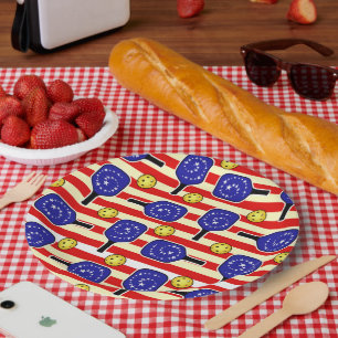 4th of July Pickleball Red White Blue Yellow Balls Paper Plate