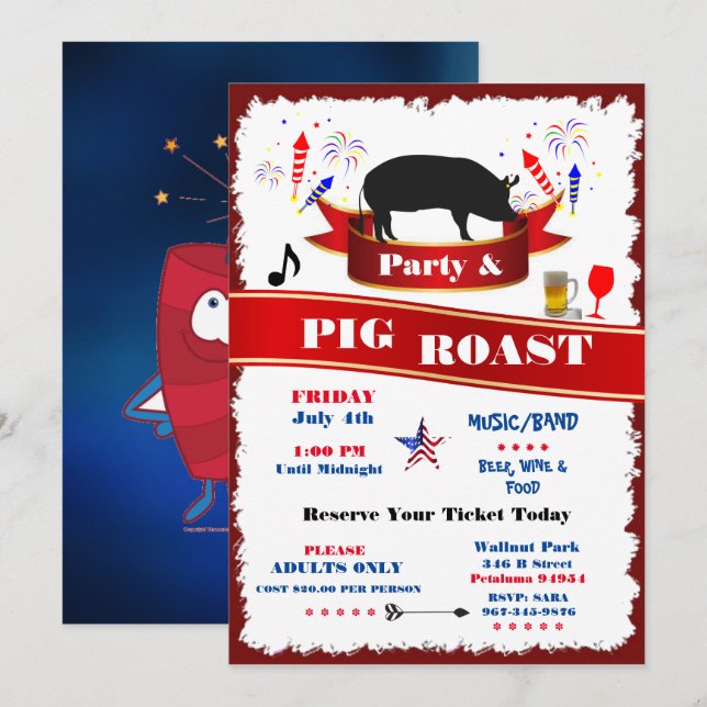 4th of July Pig Roast Party Invitation (Front/Back)