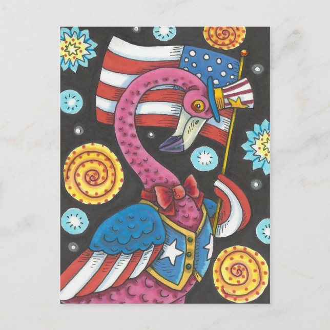 4TH OF JULY PINK FLAMINGO, HOLIDAY POSTCARD (Front)