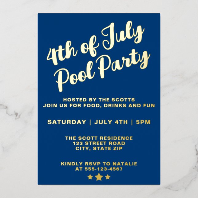 4th Of July Pool Party Blue Elegant Script (Front)