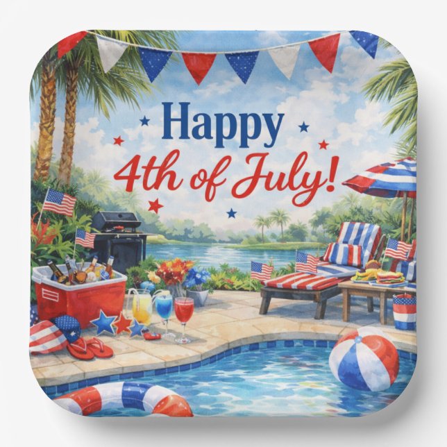 4th of July Pool Party in Florida Paper Plate (Front)