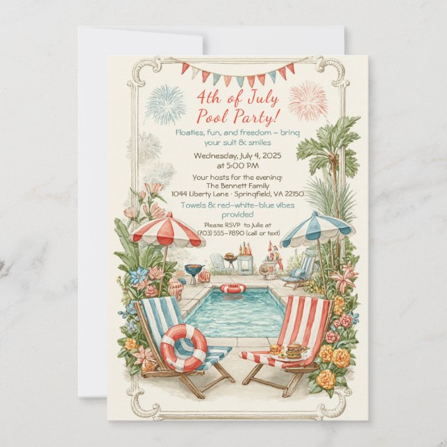 4th of July Pool Party Invitation – Elegant Line (Devant)