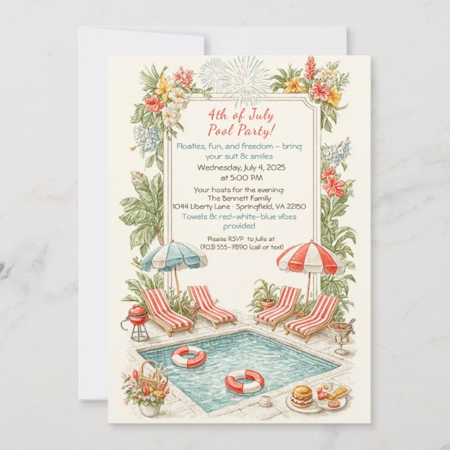 4th of July Pool Party Invitation – Elegant Line (Front)