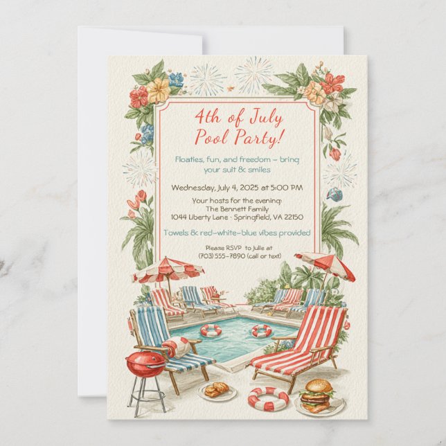 4th of July Pool Party Invitation – Elegant Line (Front)