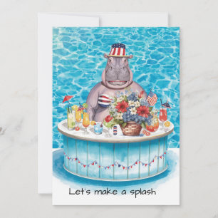4th of July Pool Party with Hippo  Invitation