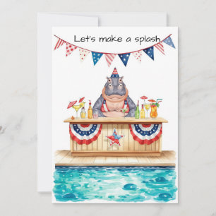 4th of July Pool Party with Hippo  Invitation