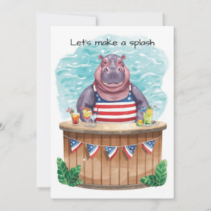 4th of July Pool Party with Hippo  Invitation