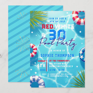 4th of July Pool Party Woman Modern 30th Birthday Invitation