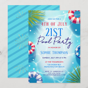 4th of July Pool Party Woman Trendy 21st Birthday Invitation