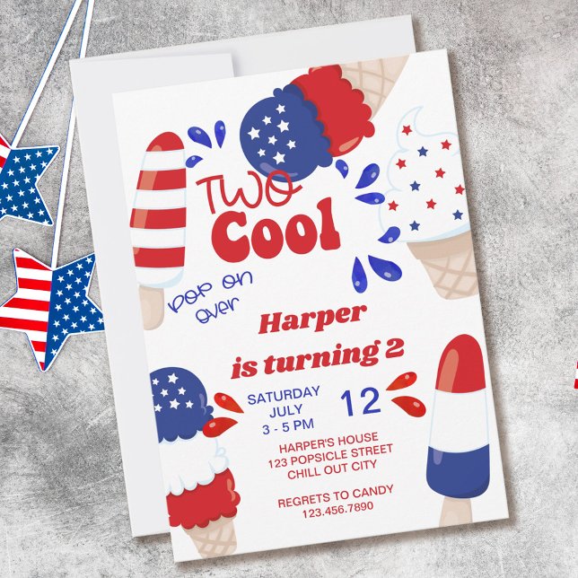 4th of July Popsicle Party Two Cool 2nd Birthday Invitation (Creator Uploaded)