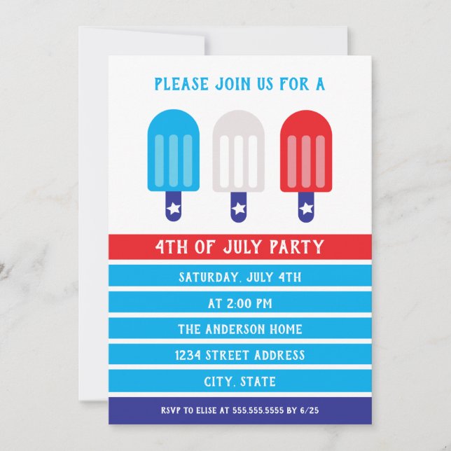 4th of July Popsicle Red White Blue Invitation (Front)