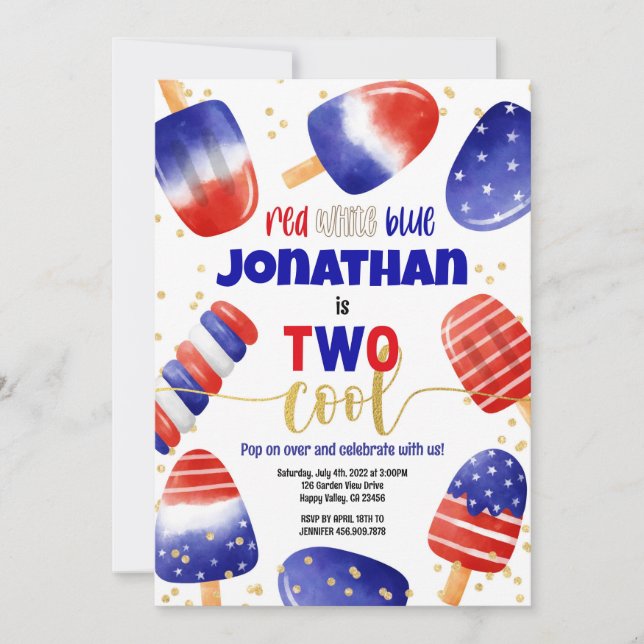 4th of July Popsicles Two Cool Kid 2nd Birthday Invitation (Front)