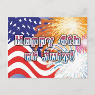 4th of July postcard with flag and fireworks