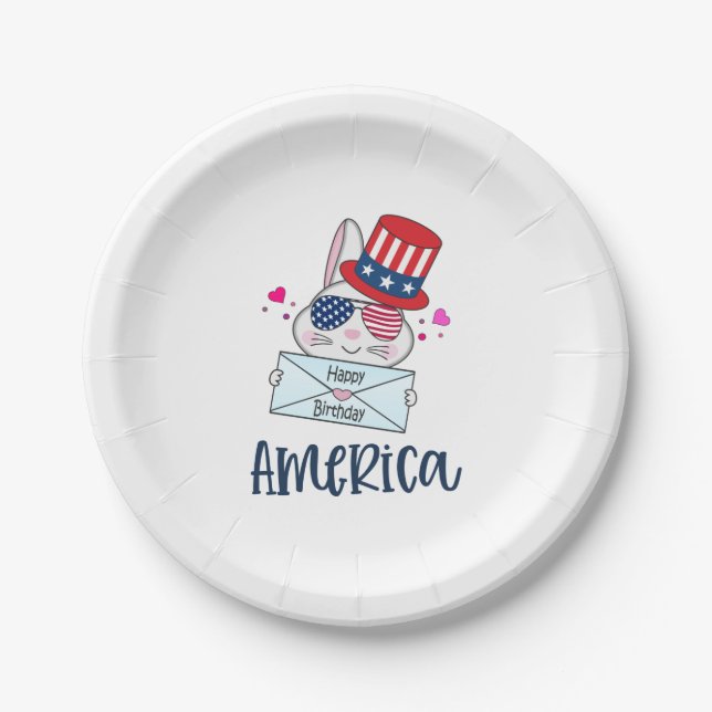 4th of July Rabbit with USA Flag Sun Glasses Paper Plate (Front)
