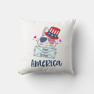 4th of July Rabbit with USA Flag Sun Glasses Throw Pillow