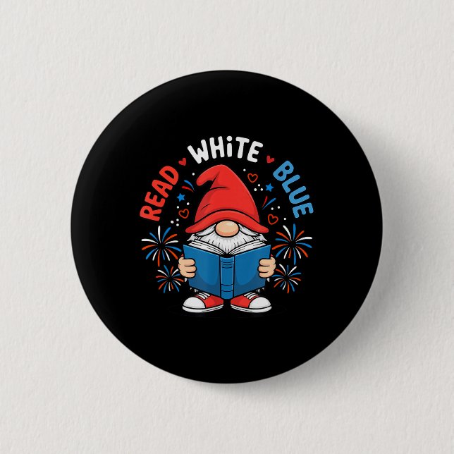 4th of July Read White Blue Gnome Reading Book 2 Inch Round Button (Front)