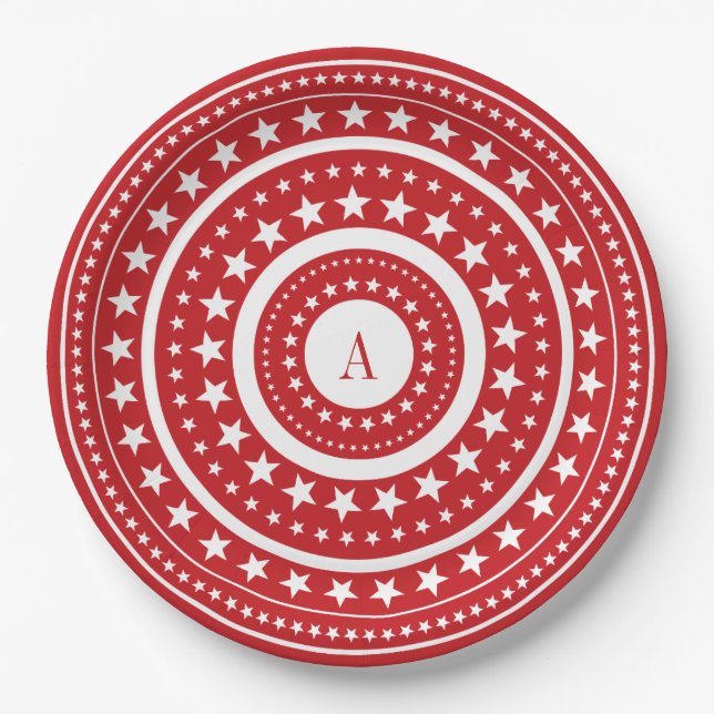 4th Of July Red Stars Monogram Party Paper Plates (Front)