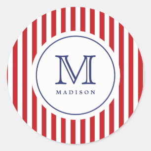 4th Of July Red Stripes Monogram Party Sticker
