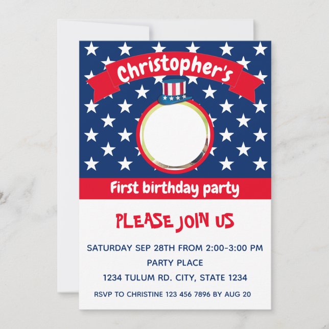 4th of July | Red White and Blue | 1st Birthday  Invitation (Front)