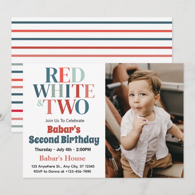 4th Of July Red White and Two Boy 2nd Birthday  Invitation (Front/Back)