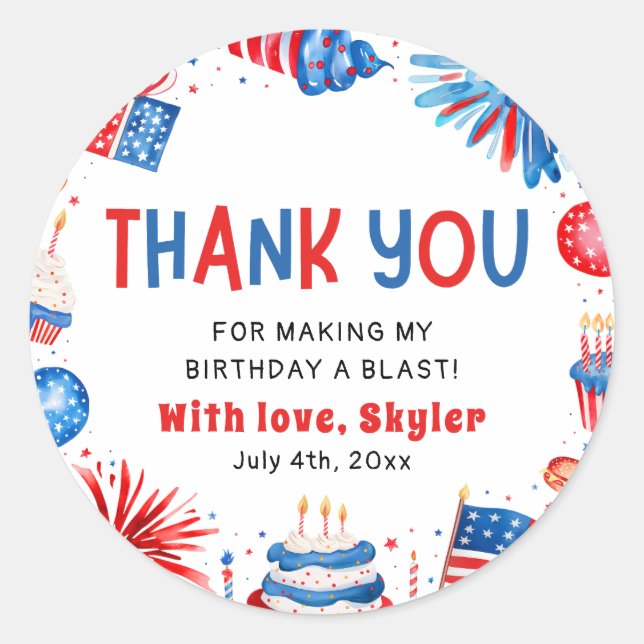 4th of July Red White Blue Birthday Thank You Classic Round Sticker (Front)