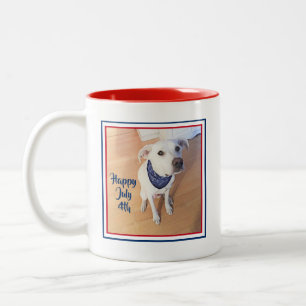 4th of July Red, White, Blue Cute White Puppy Dog Two-Tone Coffee Mug