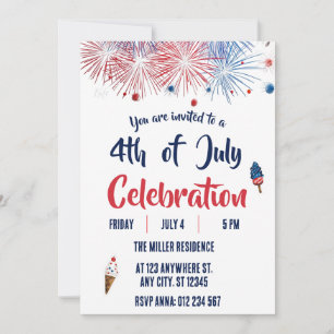 4th of July Red White Blue Fireworks Party  Invitation