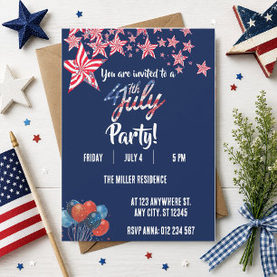 4th of July Red White Blue Fireworks Party  Invitation